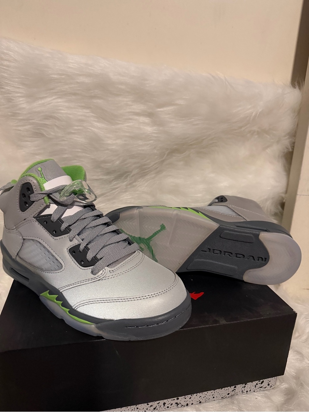 Jordan Metallic Grey and Lime Green Retro Sneakers